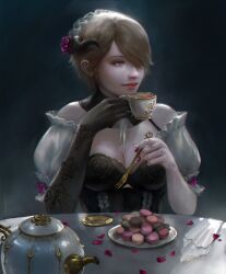 1girl black_dress breasts brown_gloves brown_hair cleavage closed_mouth commentary cup dress english_commentary flower food fork gloves hair_flower hair_ornament highres holding holding_cup holding_fork honkai_(series) honkai_impact_3rd lips macaron maid maid_headdress nail_polish petals puffy_short_sleeves puffy_sleeves purple_eyes purple_nails rita_rossweisse rita_rossweisse_(umbral_rose) short_hair short_sleeves single_glove solo soyameii table tea teacup teapot