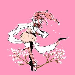 1girl bare_shoulders belt bracelet cherry_blossoms closed_eyes commentary dancing dress final_fantasy final_fantasy_iv floating_hair floral_background full_body high_ponytail jewelry long_hair mochi_(hanamaruudondesu) parted_bangs pink_background pink_dress pink_hair pink_thighhighs ponytail porom sandals short_dress solo thighhighs