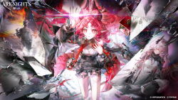 1boy 2girls absurdres arknights arm_up bare_shoulders brown_hat chinese_commentary clothed_robot clothing_cutout coat copyright_name demon_girl demon_horns from_above glass_shards graveyard hand_up hat highres holding holding_smoking_pipe horns humanoid_robot infection_monitor_(arknights) jingmi keyhole long_sleeves looking_at_viewer material_growth multiple_girls nymph_(arknights) official_art oripathy_lesion_(arknights) parted_lips pink_eyes pink_hair pink_tail pointy_ears robot smoking_pipe spinning_top theresa_(arknights) thigh_cutout tin_man_(arknights)