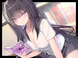 1girl black_border black_hair black_sailor_collar black_skirt blush book bookshelf border breasts cleavage closed_mouth collarbone highres holding holding_book indoors long_hair looking_at_viewer medium_breasts original pleated_skirt pon_(ponidrop) purple_eyes sailor_collar school_uniform seductive_smile shirt short_sleeves sidelocks skirt smile very_long_hair white_shirt