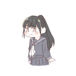 Rule 34 | 1girl, amano tatsu, animification, black hair, black sailor collar, black serafuku, black shirt, black skirt, blunt bangs, blush, closed mouth, commentary request, deformed, highres, long sleeves, looking at viewer, neckerchief, nonaka kokona, pleated skirt, ponytail, real life, sailor collar, school uniform, serafuku, shirt, sidelocks, simple background, skirt, smile, solo, voice actor, white background, white neckerchief