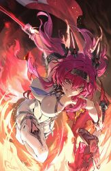 Rule 34 | 1girl, absurdres, armlet, black bow, bodysuit, boots, bow, breasts, collar, commentary, grin, hair between eyes, hair bow, hairband, headgear, highres, holding, holding polearm, holding weapon, jewelry, large breasts, long hair, looking ahead, lupa (wuthering waves), mechanical ears, metal collar, metal hairband, pink hair, polearm, r1zen, red pupils, signature, smile, solo, symbol-only commentary, tail, thigh boots, weapon, white bodysuit, white boots, wolf tail, wrist guards, wuthering waves, yellow eyes