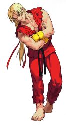 Rule 34 | 1990s (style), 1boy, absurdres, barefoot, belt, bengus, black belt, blonde hair, brown eyes, crossed arms, dougi, fingerless gloves, forked eyebrows, full body, game cg, gloves, head tilt, highres, ken masters, leaning to the side, long hair, looking at viewer, low ponytail, male focus, martial arts belt, marvel vs. capcom, mma gloves, non-web source, official art, pectorals, ponytail, retro artstyle, simple background, smile, solo, standing, street fighter, torn clothes, torn sleeves, white background, x-men vs. street fighter