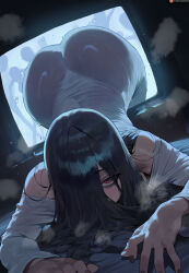 1girl ass black_hair black_nails dress fingernails hair_over_one_eye highres huge_ass long_hair looking_at_viewer patreon_logo patreon_username red_eyes screen shexyo solo the_ring through_medium through_screen white_dress yamamura_sadako