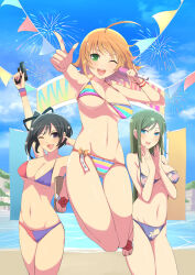 3girls :d aerial_fireworks ahoge aria_(senran_kagura) armpit_crease armpits banner beach bikini blue-sky blue_bikini blue_eyes blush breasts clapping cleavage cliff cloud collarbone day finger_in_ear fingernails fireworks flag flare_gun floral_print_bikini flower fuga_(senran_kagura) green_bikini green_hair groin gun hair_between_eyes highres holding holding_gun holding_microphone holding_weapon horizon jumping kosuzu_(senran_kagura) large_breasts linea_alba long_hair looking_at_viewer micro_bikini microphone mole mole_under_eye multicolored_bikini multicolored_stripes multiple_girls non-web_source ocean one_eye_closed open_mouth orange_hair outdoors pink_bikini pointing pointing_at_viewer purple_eyes rainbow_bikini red_bikini red_flower ribbon sandals senran_kagura senran_kagura_new_wave short_hair smile sparkle standing string_bikini string_of_flags striped_bikini striped_clothes sweat swimsuit teeth thigh_gap tongue two-tone_bikini underboob upper_teeth_only v-shaped_eyebrows very_long_hair water weapon yaegashi_nan yellow_bikini