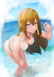 1girl absurdres ass bare_arms bare_legs bare_shoulders bikini blue_sky breasts brown_hair collarbone day eyebrows_hidden_by_hair hair_between_eyes highres leaning_forward long_hair looking_at_viewer makise_kurisu ocean outdoors purple_eyes s4ika sky smile solo steins;gate swimsuit white_bikini