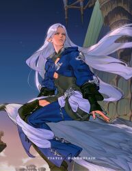 1girl black_boots blue_coat blue_sky boots character_name coat commentary elezen elf english_commentary evening feathered_wings feet_out_of_frame final_fantasy final_fantasy_xiv floating_hair from_side gradient_sky grey_lips hebi86070749 highres long_hair long_sleeves looking_afar outdoors pointy_ears sash sitting sky sleeves_past_wrists smile solo thigh_boots white_eyes white_hair white_sash wings ysayle_dangoulain