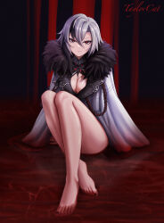 Rule 34 | 1girl, absurdres, arlecchino (genshin impact), artist name, bare legs, barefoot, black eyes, black nails, breasts, brooch, cleavage, cleavage cutout, cloak, closed mouth, clothing cutout, coat, cross-shaped pupils, crossed legs, feet, fur trim, genshin impact, grey hair, highres, jewelry, light smile, looking at viewer, medium breasts, nail polish, on floor, red background, short hair, sitting, smile, solo, symbol-shaped pupils, taylorcat, toenail polish, toenails, toes, white cloak