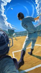 4boys ace_of_diamond back ball baseball baseball_(object) baseball_bat baseball_cap baseball_field baseball_glove baseball_helmet baseball_stadium baseball_uniform blue_sky boots character_request cloud crowd day faceless faceless_male full_body hat helmet highres holding holding_baseball_bat male_focus multiple_boys on_ho10 pitching sky sportswear swinging_baseball_bat tagme