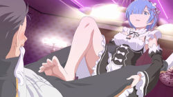 10s 1boy 1girl apita_(apitaro) barefoot blue_eyes blue_hair blush denki_anma feet footjob footjob_over_clothes hair_ornament hair_over_one_eye headdress hetero maid natsuki_subaru parted_lips penis pov re:zero_kara_hajimeru_isekai_seikatsu rem_(re:zero) short_hair single_sock socks unworn_socks soles toes