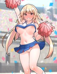 1girl absurdres blonde_hair blue_skirt blush breasts brooklyn_(kancolle) censored cheerleader clenched_teeth commentary_request confetti cropped_shirt embarrassed furaggu_(frag_0416) highres holding holding_pom_poms kantai_collection kneehighs knees large_breasts long_hair looking_at_viewer midriff mosaic_censoring navel nipples pom_pom_(cheerleading) pom_poms pussy shirt skirt sleeveless sleeveless_shirt socks solo standing stomach teeth thighs variant_set very_long_hair white_socks