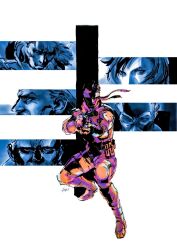 1girl 5boys absurdres aiming bandana facial_hair gas_mask gun h&amp;k_mark_23 handgun headband highres holding holding_gun holding_weapon liquid_snake mask metal_gear_(series) metal_gear_solid multiple_boys mustache psycho_mantis revolver_ocelot shinkawa_youji simple_background sneaking_suit sniper_wolf solid_snake solo_focus vulcan_raven weapon white_background