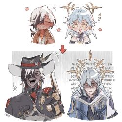 +++ 2boys aged_down arrow_(symbol) artist_name bandana black_eyes black_hair black_hat black_jacket blue_hair blue_jacket blue_pupils book boothill_(honkai:_star_rail) brown_gloves brown_jacket bullet_earrings buttons child clenched_hands closed_eyes collared_shirt commentary cowboy_hat cyborg dark-skinned_male dark_skin dual_persona earrings english_commentary english_text feathered_wings flower flying_sweatdrops gloves grey_armor gun hair_over_one_eye halo halo_behind_head hand_up handgun hands_up hat hat_feather hat_ornament head_wings highres holding holding_book holding_gun holding_pen holding_weapon honkai:_star_rail honkai_(series) jacket jewelry long_hair long_sleeves looking_at_object looking_at_viewer looking_down low_ponytail male_focus medium_hair multicolored_hair multicolored_jacket multiple_boys notice_lines open_book open_clothes open_jacket open_mouth pen pink_flower ponytail prosthesis prosthetic_hand purple_shirt red_bandana shaded_face sharp_teeth sheriff_badge shirt short_hair short_ponytail sidelocks simple_background smile star_ornament sunday_(honkai:_star_rail) teeth tongue tuofu two-tone_hair two-tone_jacket upper_body v-shaped_eyebrows vest weapon white_background white_hair white_jacket white_vest wings yellow_eyes zipper