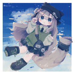 1girl absurdres animal_ear_headwear animal_ears animal_hat bag bag_charm bandaid bandaid_on_knee bandaid_on_leg beanie black_necktie black_shoes black_skirt blue_background blue_eyes blue_sky blush boots border brown_hair cat_hat cat_tail charm_(object) cloud collared_shirt cumulonimbus_cloud envelope fake_animal_ears fish full_body grey_hair hair_between_eyes hair_ornament hairclip hands_up hat highres hyou_1027 kipfel_(vrchat) letter long_hair long_sleeves looking_at_viewer miniskirt necktie one_side_up outside_border parted_lips paw_pose pleated_skirt shirt shoes shoulder_bag skirt sky sleeves_past_wrists solo sweater_vest tail tail_ornament twitter_username very_long_hair vest vrchat white_border white_shirt x_hair_ornament