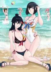 5girls absurdres ball beach beachball bikini black_hair blonde_hair blue_eyes breasts brown_eyes brown_hair dress eyepatch hand_on_own_hip harime_nui hat high_heels highres jakuzure_nonon junketsu kill_la_kill kiryuuin_satsuki mankanshoku_mako matoi_ryuuko multiple_girls nail_polish navel pink_eyes ponytail red_nails sandals senketsu short_hair sun_hat sunlight swimsuit thick_eyebrows vemonosuke