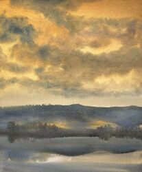 bush cloud cloudy_sky highres hill lake mouen_tw no_humans orange_sky original painting_(medium) reflection reflective_water shadow sky sunlight sunset traditional_media water watercolor_(medium)