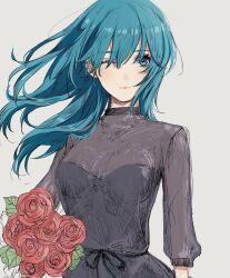1girl alternate_costume black_dress blue_eyes blue_hair bouquet closed_mouth dress female_byleth_(fire_emblem) fire_emblem fire_emblem:_three_houses floating_hair flower grey_background highres holding holding_bouquet long_hair long_sleeves nintendo one_eye_closed red_flower red_rose roroichi rose see-through_clothes simple_background solo