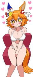 Rule 34 | + +, 1girl, absurdres, animal ears, bikini, blush, breasts, brown hair, cleavage, closed mouth, clover hair ornament, commentary request, daruma doll, ear covers, flipped hair, hair between eyes, hair ornament, heart, highres, horse ears, horse girl, horse tail, looking at viewer, matikanefukukitaru (umamusume), medium breasts, orange hair, short hair, simple background, single ear cover, sitting, smile, sodeshita marshmallow, solo, swimsuit, tail, umamusume, white background, white bikini, yellow eyes