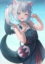 Rule 34 | 1girl, absurdres, animal ears, bag, betabeet, blue background, blue dress, blue eyes, blue hair, blue nails, blunt bangs, blush, cat ears, collarbone, dress, fingernails, fins, fish tail, gawr gura, gawr gura (casual), gradient background, grey hair, hair ornament, highres, hololive, hololive english, looking at viewer, multicolored hair, nail polish, official alternate costume, one eye closed, paw pose, shark tail, short hair, side ponytail, sleeveless, smile, solo, tail, tail raised, two-tone hair, virtual youtuber