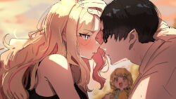 Rule 34 | 1boy, 2girls, black-framed eyewear, blonde hair, blush, commentary request, facing viewer, fujita kotone, gakuen idolmaster, glasses, hetero, idolmaster, juo sena, kasasagi (futagodori888), looking at another, multicolored hair, multiple girls, nervous sweating, noses touching, outdoors, pink hair, producer (idolmaster), profile, shirt, streaked hair, sweat, two-tone hair, upper body, white shirt