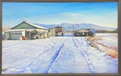 blue_sky building cabin day dead_plants field garage highres house latex_cult motor_vehicle mountain mountainous_horizon nagano_prefecture oil_painting_(medium) original painting_(medium) photo_(medium) picture_frame scenery sky snow sunlight traditional_media truck
