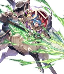 1girl attack blue_hair bodysuit braid charging_forward crown_braid drone essual_(layer_world) fire_emblem fire_emblem_heroes glowing glowing_weapon goggles goggles_on_head highres mecha nintendo non-web_source official_alternate_costume official_art open_mouth polearm ponytail reginn_(fire_emblem) robot solo v-shaped_eyebrows weapon