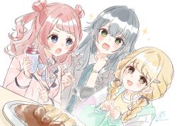 3girls :d :o black_hair black_shirt blazer blonde_hair blue_bow bow braid brown_hair collared_shirt dutch_angle food food_request fujita_kotone gakuen_idolmaster green_eyes grey_jacket hair_over_shoulder hanami_saki hands_up highres idolmaster jacket long_hair long_sleeves low_twintails multiple_girls open_mouth own_hands_together pink_jacket pointing puffy_long_sleeves puffy_sleeves purple_eyes rino_cnc shirt simple_background sleeves_past_wrists smile sparkle tsukimura_temari twin_braids twintails twitter_username two_side_up v-shaped_eyebrows very_long_hair white_background white_shirt yellow_shirt