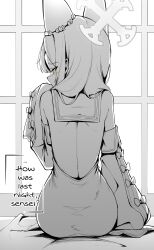 Rule 34 | 1girl, absurdres, animal ears, ass, back, bare shoulders, blue archive, clover dot (clov erd), detached sleeves, dress, english text, fox ears, from behind, greyscale, halo, hand up, highres, long hair, looking at viewer, looking back, monochrome, seia (blue archive), sitting, sleeve bow, sleeveless, sleeveless dress, sleeves past fingers, sleeves past wrists, solo, speech bubble, spot color, yellow eyes