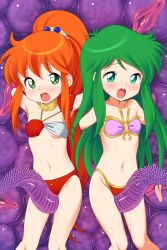 2girls armor armpits arms_up ayanokouji_rem bare_shoulders between_thighs bikini bikini_armor blush cameltoe caron_(rall) commission commissioner_upload cream_lemon crossover dream_hunter_rem fugetsu_taku green_eyes green_hair grinding highres long_hair monster multicolored_bikini multiple_girls navel open_mouth orange_hair pink_bikini ponytail rape red_bikini restrained sf_choujigen_densetsu_rall shoulder_armor side-tie_bikini_bottom skeb_commission stomach sweat swimsuit tentacle_between_legs tentacles thighs trait_connection two-tone_bikini
