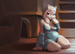 1girl ajin_(ajinhdremix) animal_ears arm_at_side arm_warmers bare_shoulders blue_bra blue_skirt body_fur bookshelf bra breasts chair cleavage closed_mouth fang female_focus fireplace furry furry_female goat_ears goat_girl goat_horns half-closed_eyes hand_up happy horns indoors lingerie looking_to_the_side mature_female medium_breasts miniskirt off_shoulder on_floor plump red_eyes sitting skin_fang skirt smile snout solo strap_slip thick_thighs thighs toriel undertale underwear white_fur white_horns wooden_floor yokozuwari