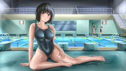 3girls amagami arm_support arms_up barefoot bikini black_hair black_one-piece_swimsuit blue_bikini blue_one-piece_swimsuit breasts closed_mouth collarbone competition_swimsuit feet fie_nanoo full_body groin highleg highleg_swimsuit highres indoors ladder lane_line looking_at_viewer medium_breasts morishima_haruka multiple_girls nanasaki_ai one-piece_swimsuit pool pool_ladder poolside purple_eyes running short_hair sitting starting_block swimsuit thighs tsukahara_hibiki two-tone_swimsuit