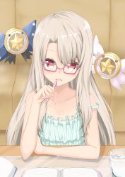 1girl absurdres asymmetrical_bangs book borumete collarbone fate/kaleid_liner_prisma_illya fate_(series) female_focus glasses green_shirt heart heart-shaped_pupils highres holding holding_pen illyasviel_von_einzbern indoors kaleido_ruby kaleido_sapphire kaleidostick long_hair looking_at_viewer luviagelita_edelfelt magical_ruby magical_sapphire off_shoulder open_book open_mouth pen pink-framed_eyewear rectangular_eyewear red_eyes shirt silver_hair sleeveless sleeveless_shirt solo studying symbol-shaped_pupils tohsaka_rin toosaka_rin upper_body very_long_hair