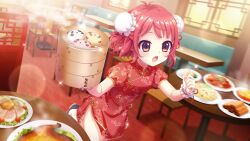 1girl :o antenna_hair black_shoes breasts brown_eyes bun_cover cherry_tomato china_dress chinese_clothes dot_nose double_bun dress dutch_angle film_grain floral_print floral_print_dress food food_request game_cg garnish hair_bun holding indoors izumi_tsubasu lens_flare meat non-web_source official_art open_mouth plate print_dress re:stage! red_dress red_hair restaurant round_table running shoes short_dress short_hair short_sleeves side_slit slice_of_life small_breasts solo sorano_neon sparkle steam steamed_bun table tomato white_wrist_cuffs wooden_chair wooden_table wrist_cuffs