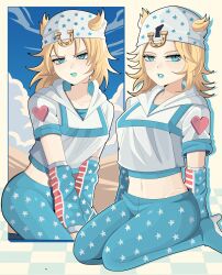 1girl absurdres aqua_eyes aqua_pants blonde_hair blue_sky blush bobamiruku boots commentary cropped_hoodie english_commentary eyelashes genderswap genderswap_(mtf) hair_through_headwear hat heart high_heels highres hood hood_down hoodie horseshoe_ornament johnny_joestar jojo_no_kimyou_na_bouken kneeling long_hair looking_at_viewer midriff multiple_views navel pants parted_bangs parted_lips seiza short_sleeves sitting sky solo steel_ball_run tile_floor tiles v-shaped_eyebrows white_hat white_hoodie
