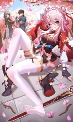 1boy 2girls :q absurdres aichinaigai akanbe ankle_boots bell black_footwear black_gloves black_hair black_jacket black_shirt blue_eyes boots chinese_clothes chinese_commentary crossed_arms dan_heng_(honkai:_star_rail) eyelid_pull fingerless_gloves full_body gloves grey_hair grey_pants hair_bell hair_between_eyes hair_intakes hair_ornament hair_ribbon high_heel_boots high_heels highres honkai:_star_rail honkai_(series) jacket looking_at_another looking_at_viewer march_7th_(honkai:_star_rail) march_7th_(hunt)_(honkai:_star_rail) multicolored_eyes multiple_girls official_alternate_costume official_alternate_hairstyle one_eye_closed pants pink_hair pink_petals purple_eyes red_ribbon red_shrug ribbon shirt shoes short_hair shorts shuangyaji single_shoe soles stelle_(honkai:_star_rail) sword thighhighs toes tongue tongue_out trailblazer_(honkai:_star_rail) two-tone_eyes unworn_shoes weapon white_shorts white_thighhighs yellow_eyes