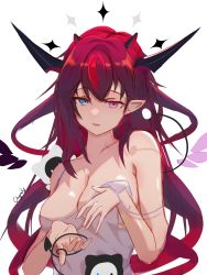1girl absurdres bare_shoulders bloom_(irys) blouse blue_eyes bra breast_hold breasts breasts_squeezed_together chyraliss cleavage collarbone demon_girl demon_horns detached_wings fang gloom_(irys) hair_between_eyes halo highres hololive hololive_english horns irys_(hololive) large_breasts long_hair looking_at_viewer mini_wings multicolored_hair multiple_horns no open_mouth pointy_ears scrunchie shirt signature simple_background solo string_pull tail underwear upper_body virtual_youtuber white_background wings wrist_scrunchie