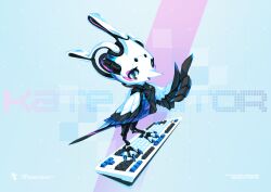 1girl 2021 absurdres animal beak bird bird_tail bird_wings computer_keyboard feathered_wings highres kate_the_woodpecker kde krita_(medium) looking_at_viewer mascot open_mouth original signature tail tareme tyson_tan white_fur wings