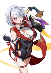 1girl absurdres asymmetrical_gloves bare_shoulders bby belt black_belt black_gloves black_sleeves blue_eyes breasts coin colored_inner_hair eyeliner gloves gold_coin highres holding holding_coin honkai:_star_rail honkai_(series) large_breasts looking_at_viewer makeup mole mole_on_thigh multicolored_hair numby_(honkai:_star_rail) red_eyeliner red_hair short_hair simple_background smile streaked_hair thigh_focus thigh_strap topaz_(honkai:_star_rail) trotter_(honkai:_star_rail) uneven_gloves white_background white_hair