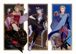 1girl 2boys arm_warmers bandana black_pants blonde_hair boots bow breasts cape circular_saw closed_mouth coin day drill earrings edgar_roni_figaro final_fantasy final_fantasy_vi hair_bow holding holding_weapon jewelry locke_cole long_hair looking_at_viewer multiple_boys outdoors pants saw silver_hair sitting tina_branford treasure_chest weapon white_footwear yawai_tofu