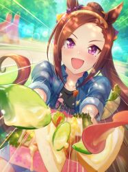 Rule 34 | 1girl, absurdres, artist request, asymmetrical bangs, black shirt, blue jacket, brown hair, cherry blossom print, clothes writing, collarbone, collared jacket, cowboy shot, day, denim, denim jacket, dot nose, ear ornament, emphasis lines, eyelashes, floral print, flower-shaped pupils, food, forehead, game cg, grey shorts, happy, highres, holding, holding food, horse girl, jacket, light blush, long hair, long sleeves, official art, on grass, open clothes, open jacket, open mouth, outdoors, park, path, ponytail, purple eyes, purple pupils, road, sakura bakushin o (umamusume), sandwich, shirt, shorts, sitting, sleeve cuffs, smile, solo, spilling, symbol-shaped pupils, t-shirt, three-quarter sleeves, tree, tsurime, umamusume, very long hair