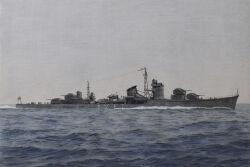 acrylic_paint_(medium) akizuki_(destroyer) atelier_bono cannon destroyer flag highres imperial_japanese_navy mast military_vehicle no_humans ocean original painting_(medium) ship ship_turret sky smoke smokestack traditional_media vehicle_focus warship watercraft