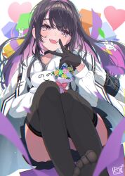 1girl absurdres black_choker black_gloves black_hair black_skirt black_thighhighs blush bouquet choker colored_inner_hair commentary_request earrings fangs flower gloves heart highres jacket jewelry long_hair looking_at_viewer mole mole_under_mouth multicolored_hair mussan open_mouth parallel_artist_project pink_eyes pink_hair shirt signature skirt solo stuffed_animal stuffed_toy teeth thighhighs two-tone_hair upper_teeth_only virtual_youtuber white_jacket white_shirt yakushino_shino