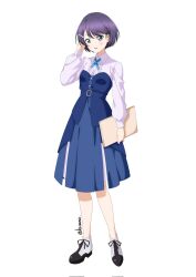 1girl :d azabu_mai black_shoes blue_dress blue_eyes blush center_frills collared_shirt commentary_request corrupted_twitter_file dress dress_shirt frilled_shirt frills full_body hair_ornament hairclip hand_in_own_hair highres holding ikizulive!_love_live!_bluebird jingshenquan love_live! medium_dress murota_yuuhei_(style) open_mouth parody purple_hair purple_shirt shirt shoes simple_background smile solo standing strapless strapless_dress style_parody tachi-e white_background