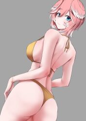 1girl bikini blue_eyes blush breasts gold_bikini golden_week hair_between_eyes head_wings highres hololive large_breasts looking_at_viewer pink_hair que1538 short_hair solo swimsuit takane_lui virtual_youtuber wings