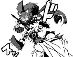 2boys animal bald cape cosplay crossover dr._eggman eggman goggles ladygt93 male_focus monochrome multiple_boys name_connection one-punch_man onsoku_no_sonic onsoku_no_sonic_(cosplay) parody punching saitama_(one-punch_man) saitama_(one-punch_man)_(cosplay) scarf sonic_(series) sonic_the_hedgehog sweatdrop