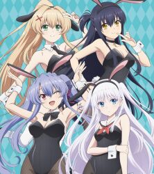 Rule 34 | 4girls, ;d, alternate costume, alternate hairstyle, amnibus, animal ear hairband, animal ears, aqua background, argyle background, arm under breasts, armpits, arms up, artist request, bare shoulders, black bow, black bowtie, black choker, black hair, black hairband, black leotard, black necktie, black pantyhose, blonde hair, blue eyes, blue hair, blush, bow, bowtie, breasts, butterfly ornament, choker, cleavage, closed mouth, collarbone, cowboy shot, detached collar, fake animal ears, fake tail, fishnet pantyhose, fishnets, floating hair, frown, green eyes, hair behind ear, hair between eyes, hair intakes, hair ornament, hairband, hairclip, half updo, hand on own arm, hand on own hip, hand up, happy, highres, index finger raised, key, key choker, kushima kamome, large breasts, leotard, long hair, looking at viewer, medium breasts, multiple girls, naruse shiroha, neckerchief, necktie, official art, one eye closed, open mouth, pantyhose, parallel hairclips, playboy bunny, ponytail, promotional art, rabbit ears, rabbit pose, rabbit tail, red eyes, red neckerchief, ringed eyes, sailor collar, short ponytail, sidelocks, simple background, smile, sorakado ao, split mouth, straight hair, strapless, strapless leotard, summer pockets, tail, tsumugi wenders, twintails, two side up, v, v over head, very long hair, white hair, white sailor collar, white wrist cuffs, wrist cuffs, x hair ornament, yellow eyes