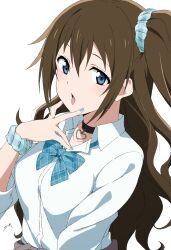 1girl black_choker blue_bow blue_bowtie blue_eyes blue_nails blue_scrunchie bow bowtie brown_hair choker collarbone collared_shirt dress_shirt fellatio_gesture hair_between_eyes hair_ornament hair_scrunchie heart_pendant highres long_hair love_live! love_live!_nijigasaki_high_school_idol_club nagi_mkrnpn nail_polish open_mouth osaka_shizuku plaid_bow plaid_bowtie plaid_clothes school_uniform scrunchie shirt side_ponytail simple_background solo tongue tongue_out upper_body very_long_hair white_background white_shirt wing_collar wrist_scrunchie