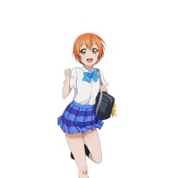 1girl :d anime_coloring bag bag_charm black_shoes black_socks blue_bow blue_bowtie blue_skirt blush bow bowtie charm_(object) clenched_hand diagonal-striped_bow diagonal-striped_bowtie diagonal-striped_clothes dress_shirt feet_out_of_frame hand_up holding holding_bag hoshizora_rin leg_up loafers looking_at_viewer love_live! love_live!_school_idol_festival love_live!_school_idol_project miniskirt official_art open_mouth orange_hair otonokizaka_school_uniform plaid_clothes plaid_skirt pleated_skirt running school_bag school_uniform shirt shoes short_hair short_sleeves skirt smile socks solo standing standing_on_one_leg striped_clothes stuffed_animal stuffed_cat stuffed_toy teeth transparent_background upper_teeth_only white_shirt yellow_eyes