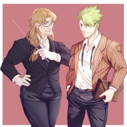 Rule 34 | 2boys, achilles (fate), black jacket, black pants, blue eyes, border, brown hair, brown jacket, chiron (fate), closed mouth, fate/grand order, fate (series), formal clothes, glasses, gloves, green eyes, green hair, hand on own hip, highres, jacket, looking at viewer, male focus, multiple boys, one eye closed, pants, pink background, simple background, striped clothes, striped jacket, suit, white border, white gloves, yaekaidou