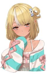 1girl alternate_hair_length alternate_hairstyle asymmetrical_hair blonde_hair blue_bow blue_jacket blush bow breasts camisole cleavage closed_mouth commentary dark-skinned_female dark_elf dark_skin elf flower frilled_camisole frills fur-trimmed_jacket fur_trim furrowed_brow hair_bow hair_flower hair_ornament hair_rings highres hololive jacket jitome looking_at_viewer medium_breasts multicolored_hair official_alternate_costume one_side_up open_clothes open_jacket pointy_ears pout puckered_lips red_eyes roridaitouryou shiranui_flare shiranui_flare_(loungewear) short_hair simple_background single_off_shoulder sleeves_past_wrists solo streaked_hair striped_clothes striped_jacket two-tone_hair upper_body virtual_youtuber white_background white_camisole white_hair white_jacket